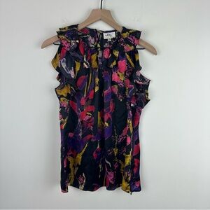 Milly 100% Silk Black Purple Pink Red Colorful Ruffled Women's Sleeveless Top, 6